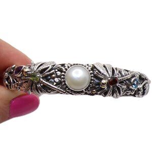 Sterling Silver Pearl and Gemstones Cuff Hinged Bracelet with Dragonfly's Motif